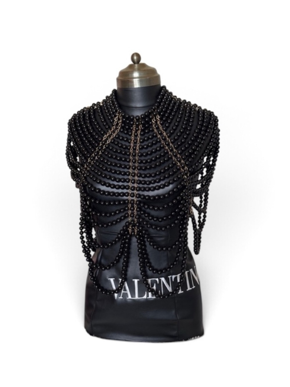 Source Unknown Black Beaded Multi-Strand Collar Necklace with Gold-Tone Chains